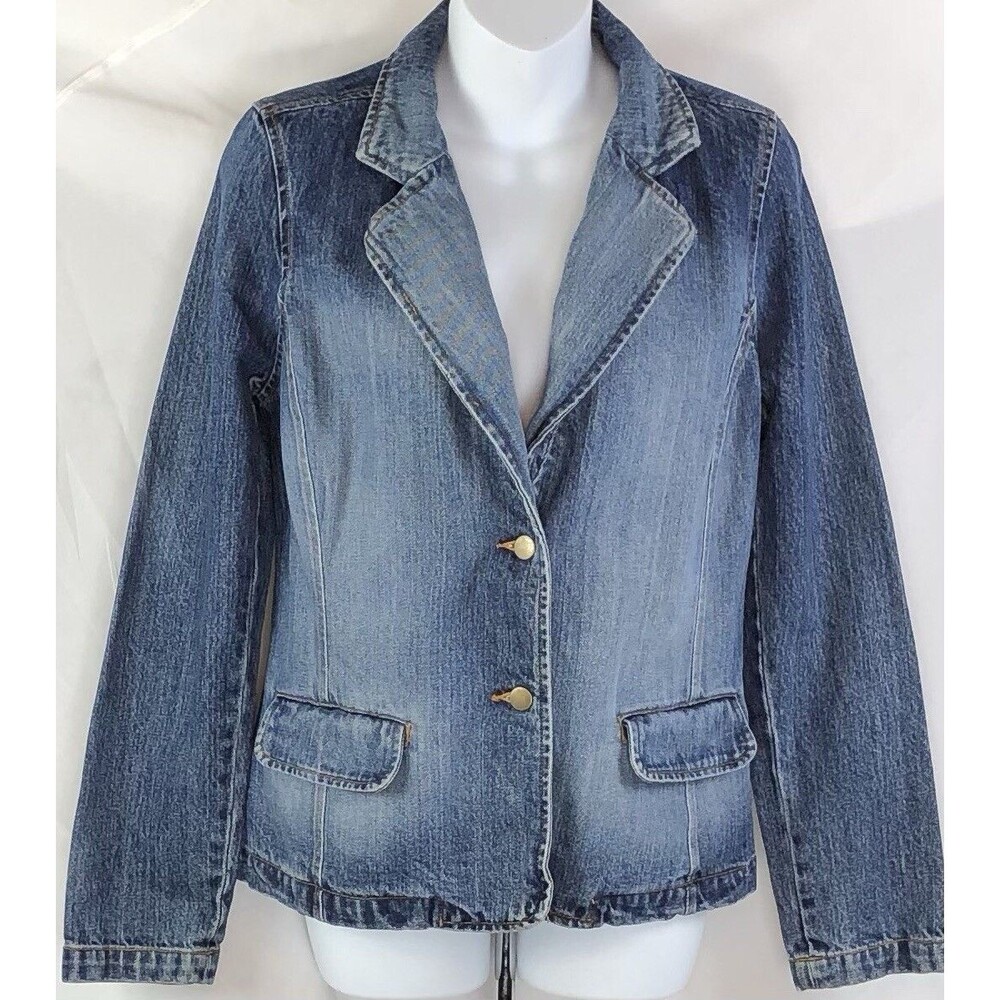 Vtg Old Navy Denim Blazer Jacket M Blue Jean Button Pockets Y2K Grunge Hippie